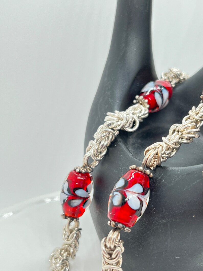 Handcrafted Argentium Silver Byzantine Weave and Lampwork Glass Chainmaille Necklace A Luxurious Anniversary Gift image 2