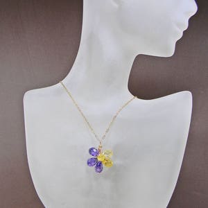 Gold Wire Wrap Pendant, Cubic Zirconia Dainty Flower Pendant, Purple Yellow Flower Workplace Pendant Necklace, Ooak Gift for Mom or Grandma image 6