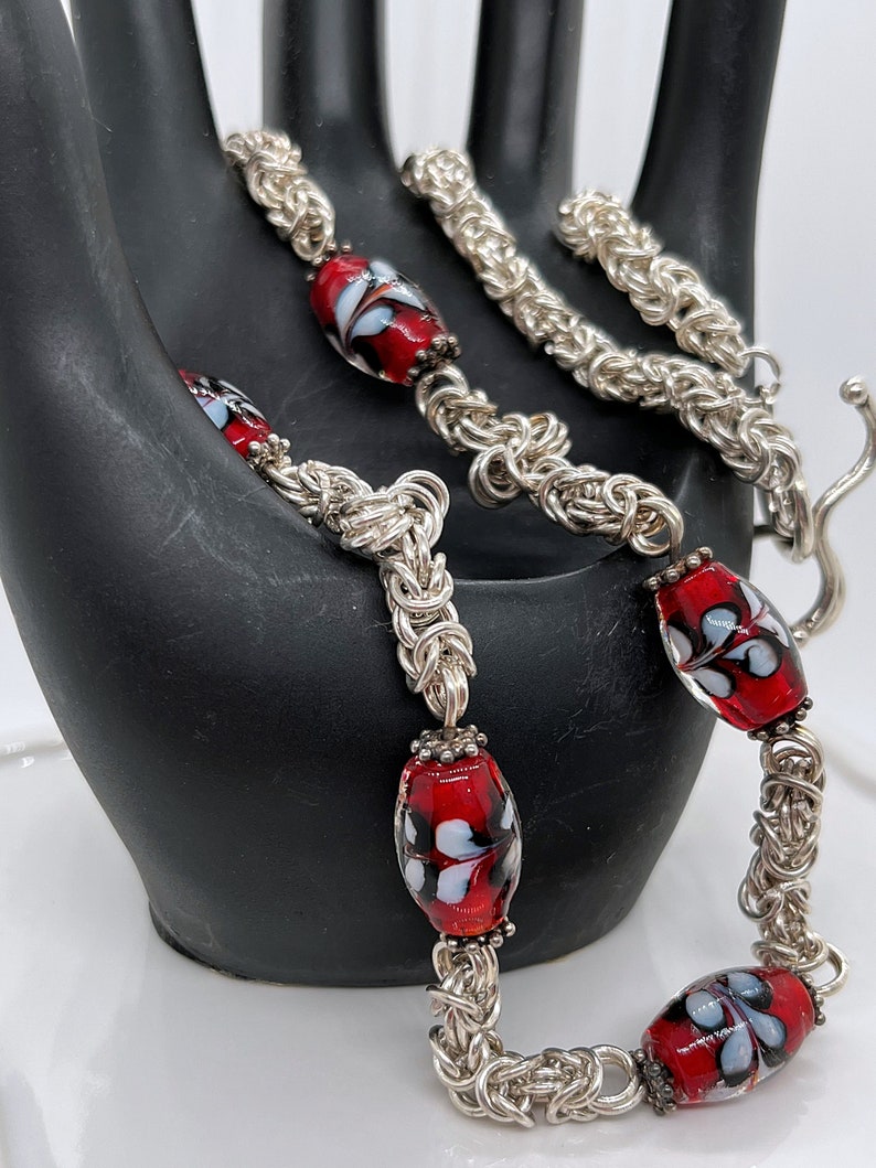 Handcrafted Argentium Silver Byzantine Weave and Lampwork Glass Chainmaille Necklace A Luxurious Anniversary Gift image 1