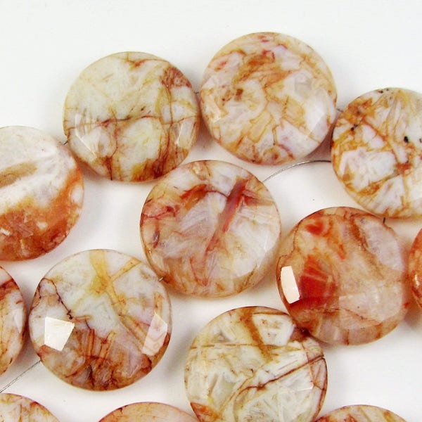 Gemstone Bead, Light Brown Vain Agate, Pendant, Necklace Focal Point, Large Coin Puffed Faucetted 30mm, Round shape