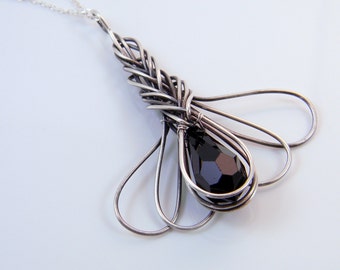 Oxidized Sterling Silver Black Crystal Wire Wrapped Pendant Necklace; Unique Design Anniversary gift for her; Gift for Mom