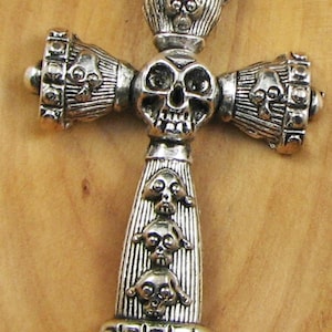 Gothic Skull Crucifix Pendant Bail Cross Chunky- Biker Jewelry - Flat Leather Slider, Punk, Rock, Grunge Jewelry
