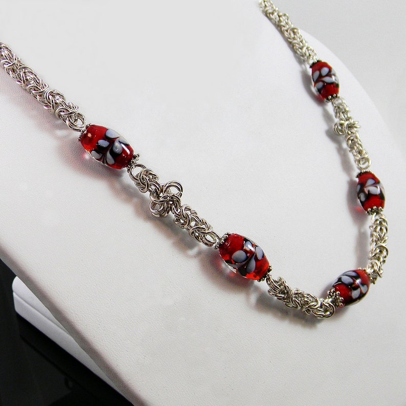 Sterling Silver Byzantine weave and Lampwork Glass Chainmaille Necklace -Handmade