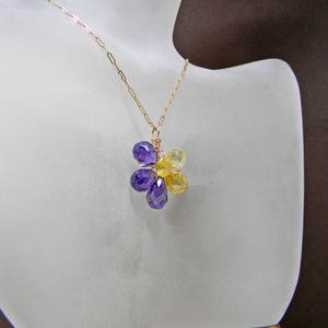 Gold Wire Wrap Pendant, Cubic Zirconia Dainty Flower Pendant, Purple Yellow Flower Workplace Pendant Necklace, Ooak Gift for Mom or Grandma image 2