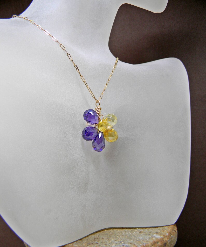 Gold Wire Wrap Pendant, Cubic Zirconia Dainty Flower Pendant, Purple Yellow Flower Workplace Pendant Necklace, Ooak Gift for Mom or Grandma image 2