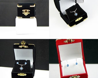 Jewelry Gift Box, Luxury Black or Red Small Earring Pendant Flocked Velour Domed Treasure Chest Necklace Box, Gilt corners and Clasp Closure