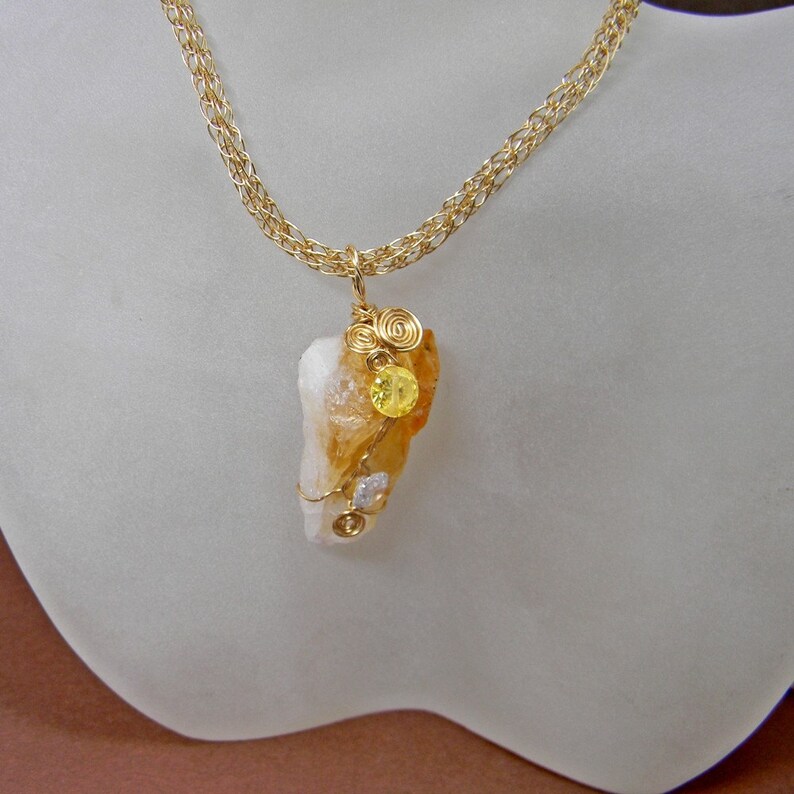 Gold Wire Wrapped Citrine Druzy Zirconia Pendant On Viking Knit Chain Good Luck Jewelry Druzy Pendant Anniversary Birthday Gift For her image 4