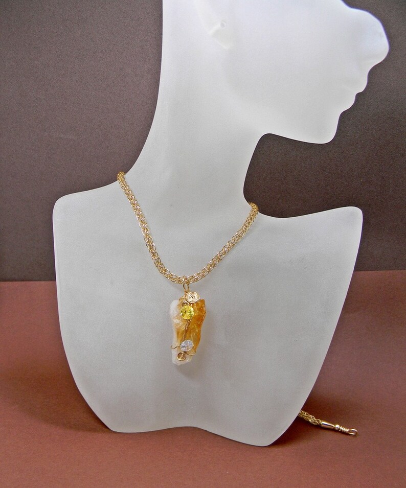 Gold Wire Wrapped Citrine Druzy Zirconia Pendant On Viking Knit Chain Good Luck Jewelry Druzy Pendant Anniversary Birthday Gift For her image 3