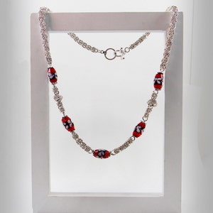 Sterling Silver Byzantine weave and Lampwork Glass Chainmaille Necklace -Handmade