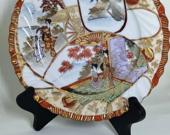 Vintage Japanese Kutani porcelain Geisha ware 8.5" plate; hand painted Geisha and landscape cartouches pattern; 1920 - 1930s