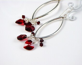 Long Sterling Silver Red Crystal Heart Cluster Dangle Earrings; Valentines Anniversary Gift for Her; Curvy Dangles; Heart Cluster Drops