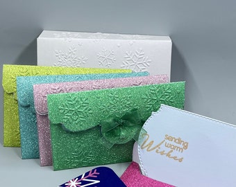 All Occasion Gift Card Holder, Glittery Embossed Snow Flakes Envelopes and Note cards; Set of 5 pastel colors