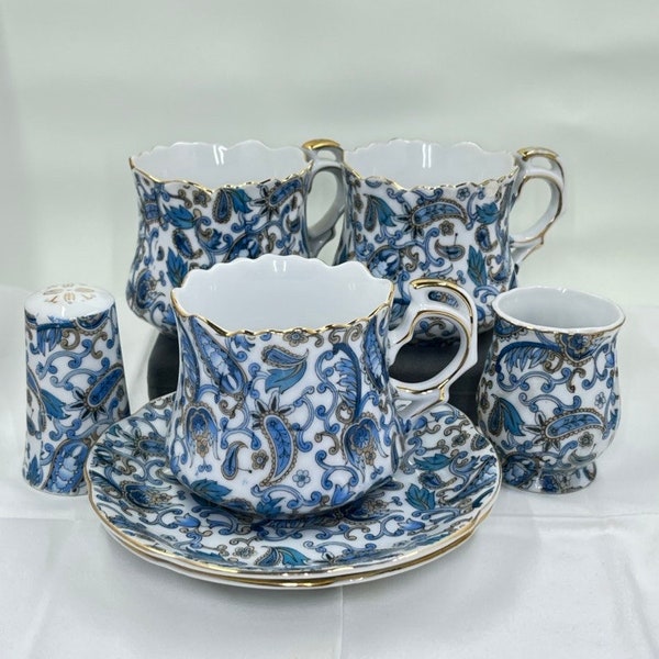 Vintage blue paisley mix and match flat tea cups and saucers, salt shaker, and toothpick holder by Lefton;  handpainted, dated 1953 - 1971