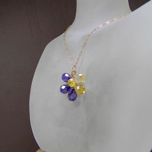 Gold Wire Wrap Pendant, Cubic Zirconia Dainty Flower Pendant, Purple Yellow Flower Workplace Pendant Necklace, Ooak Gift for Mom or Grandma image 4