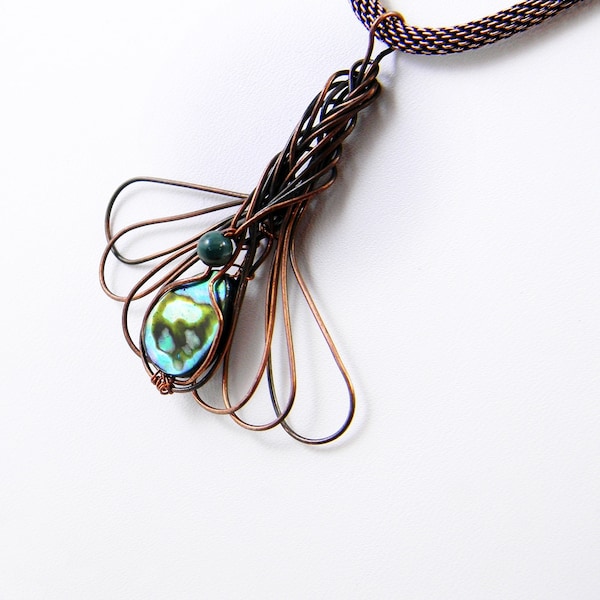 Oxidized Copper Wire Wrap Pendant, Abalone Shell Pendant Necklace; Unique Ooak design woven Pendant, Anniversary Gift, Workplace Jewelry