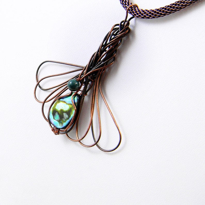 Abalone Shell Pendant Necklace; Unique Ooak design woven Pendant Oxidized Copper Wire Wrap Pendant Anniversary Gift Workplace Jewelry