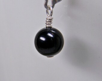 Black Onyx Sterling Silver Earring Charm: Round Dangle Pendant