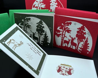 Handmade 7 Holiday Mini Blank Die Cut Cards, Envelops, Seals and Storage Box; Traditional Green Red Wintery reindeer, trees, and snow scene