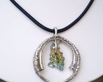 Bismuth Crystal Pendant Necklace: Sterling Silver Horseshoe, Good Luck Charm
