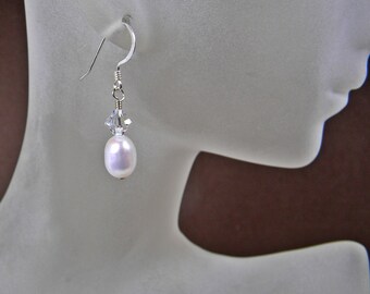 Sparkling Short Minimalist White Natural Freshwater Pearl And Crystal Dangle Earrings in Sterling Silver; Anniversary, Birthday Gift for Her
