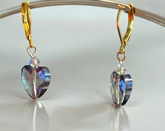 Gold Translucent glass Heart and Crystal Dangles - Sweet 16 & Valentine's Gift
