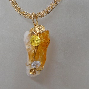 Gold Wire Wrapped Citrine Druzy Zirconia Pendant On Viking Knit Chain Good Luck Jewelry Druzy Pendant Anniversary Birthday Gift For her image 2