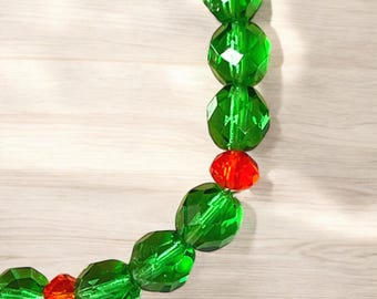 Vibrant Green and Red Crystal Beaded Stretch Bracelet! - 6.5" Bracelet