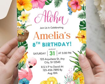 Invitación de cumpleaños Aloha, fiesta luau tropical de hibisco, plantilla editable (descarga instantánea)