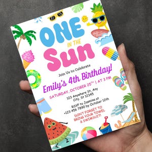 Plantilla de pelota de playa para chapotear en verano, descarga instantánea para fiesta de cumpleaños, invitación para fiesta de cumpleaños &quot;Uno al sol&quot;, cumpleaños bohemio para niño feliz