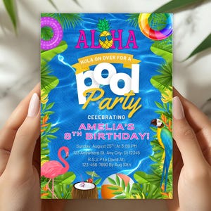 Tropical Pineapple Pool Party Invitation, Aloha Hula, Kids Summer Bash (Digital Download)