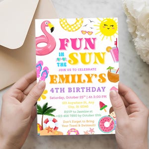 Summer Pool Party Invitation, Beach Birthday, Fun Sun Theme (Digital Download)