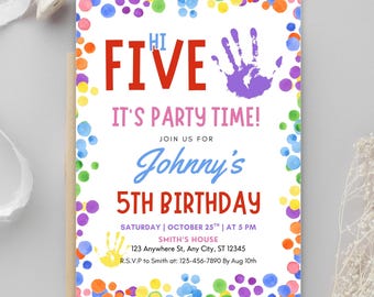 Hi-Five 5th Birthday Invitation, Colorful Rainbow Themes Handprint Party, Unisex 5th Birthday Celebration, DIY Invitations For Kids