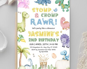 Dinosaur 2nd Birthday Invitation, Stomp Chomp Rawr Party Template (Digital Download)