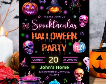 Neon Halloween Party Invitation, Spooky Glow-in-the-Dark Design, Haunted House Event, Costume Party Theme, Digital Download