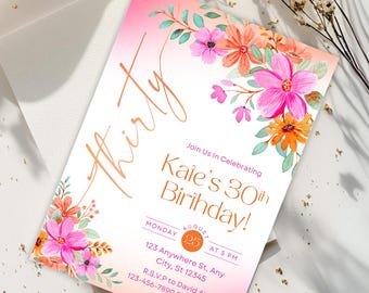 Rosa & orange blommig 30-årsinbjudan: Redigerbar bohemisk mall (digital nedladdning)