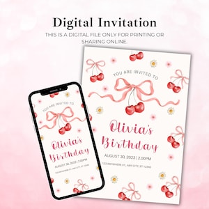 Puede incluir: Dise&ntilde;o de invitaci&oacute;n digital de cumplea&ntilde;os con lazo rosa e ilustraci&oacute;n de cerezas. La invitaci&oacute;n dice "Olivia's Birthday" con fecha, hora y detalles de la direcci&oacute;n. El dise&ntilde;o se muestra en un tel&eacute;fono inteligente y una tarjeta impresa.