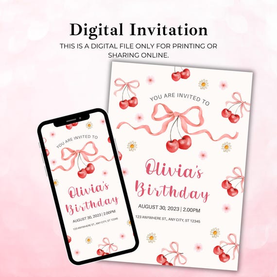 Cherry Birthday Invitation Girl, Red Bow Party Invite (Printable Editable Template)