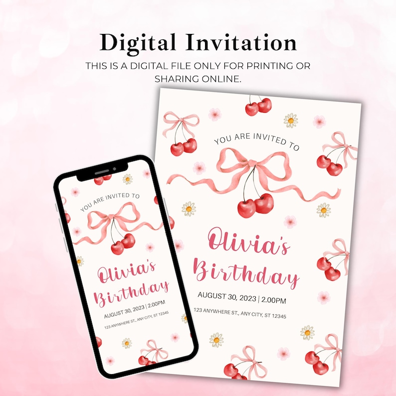 Puede incluir: Dise&ntilde;o de invitaci&oacute;n digital de cumplea&ntilde;os con lazo rosa e ilustraci&oacute;n de cerezas. La invitaci&oacute;n dice "Olivia's Birthday" con fecha, hora y detalles de la direcci&oacute;n. El dise&ntilde;o se muestra en un tel&eacute;fono inteligente y una tarjeta impresa.