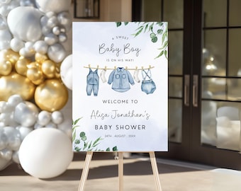 Blau Baby Shower Willkommensschild: Wäscheleine Design (Digitaler Download, bearbeitbar in Canva