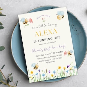 Bee First Birthday Invitation, Our Little Honey First Birthday Invitation, 1st Bee-Day Invite, Bumble Bee Party Printable, Girl Birthday