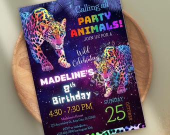 Invitación de cumpleaños con diseño de leopardo arcoíris: Animales de safari neón (Plantilla editable)