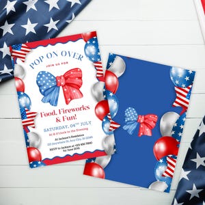 Modèle d'Invitation du 4 juillet, invitation à une fête de la fête de l'indépendance, carte amusante de feux d'artifice de nourriture patriotique, sucettes glacées de fête patriotique rouge blanc bleu