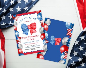 Puede incluir: Dos invitaciones con temática patriótica. Una invitación es blanca con detalles en rojo y azul, globos y el texto "Pop on Over" y "Food, Fireworks & Fun!". La otra invitación es azul con un lazo y globos.