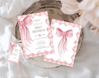 Coquette Pink Bow Birthday Party Invitation, Little Girl's Special Day Celebrations Charming Template, Editable Template