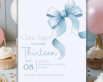 Blue Bow Birthday Invitation, 13th Birthday Invitation, Teen Girls Party, Editable Coquette Party Invite, Sweet 16 Invite