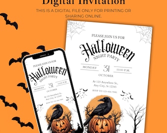 May include: Digital Halloween Night Party invitation. The design features a raven perched on a carved pumpkin, with the text "Halloween Night Party" and event details. The invitation is displayed on a smartphone and a printed card.