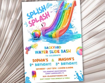 Verjaardagsuitnodiging waterglijbaan bash, Rainbow Pool Party uitnodiging, waterpark-geïnspireerde zomer verjaardagen thema, digitale download