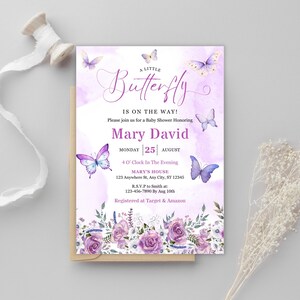 May include: A baby shower invitation with a watercolor design. The invitation features the text "A Little Butterfly Is On The Way!" and includes details for Mary David's baby shower. The design includes purple butterflies and floral accents.