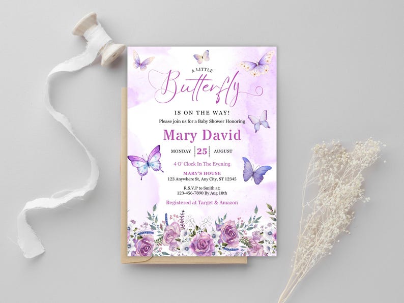 May include: A baby shower invitation with a watercolor design. The invitation features the text "A Little Butterfly Is On The Way!" and includes details for Mary David's baby shower. The design includes purple butterflies and floral accents.