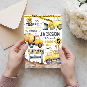 Construction Birthday Invitation: Editable Dump Truck Party, Boys 5th Birthday (Canva Template, Digital Download)